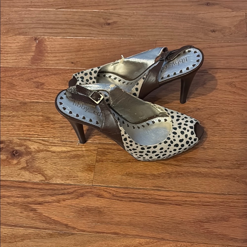 libby. edelman Black and White Heels with Intricate Straps and Kitten Heel